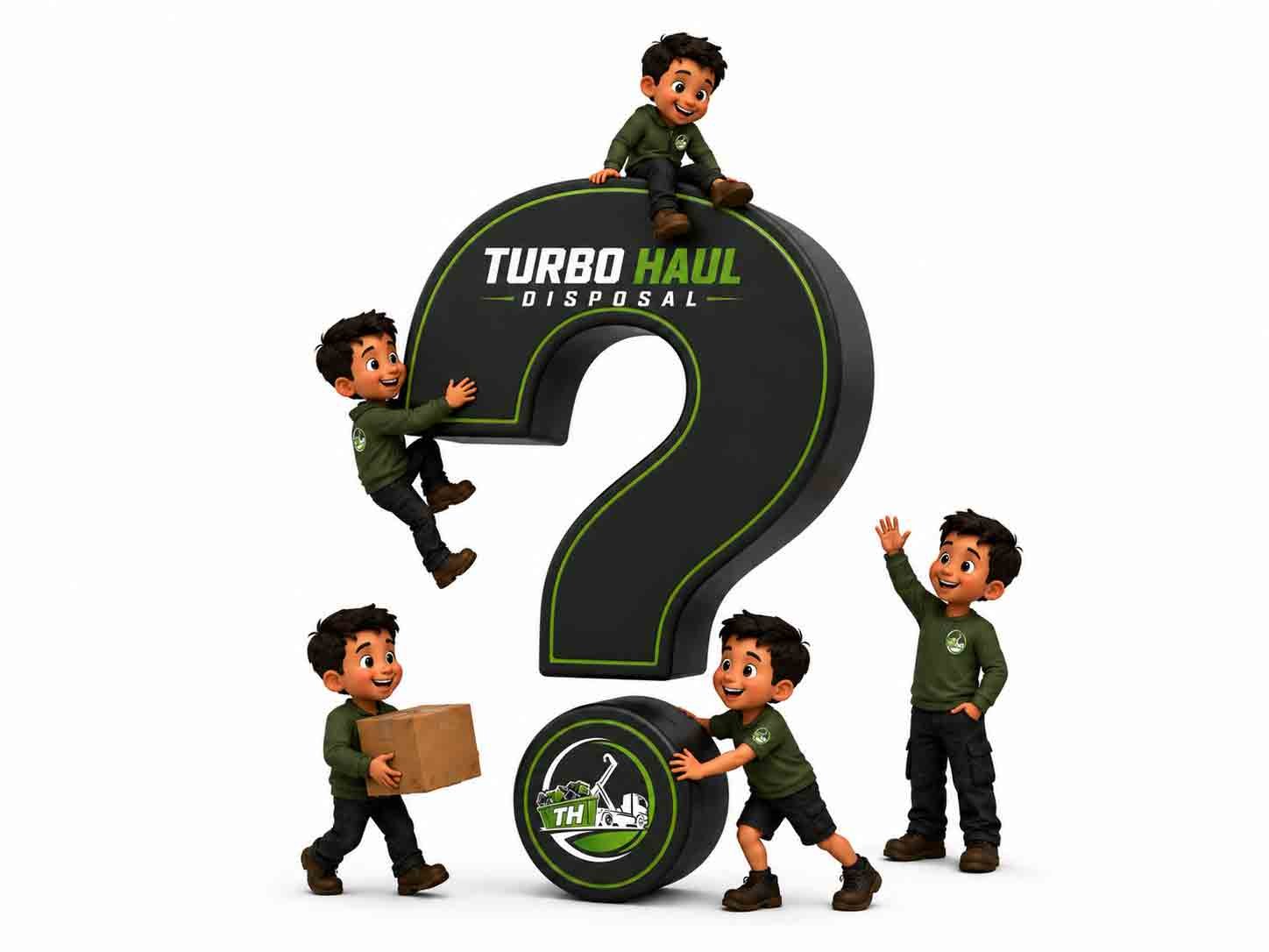 Turbo Haul Disposal mini workers with a question mark for junk removal or bin rental guidance in metro vancouver