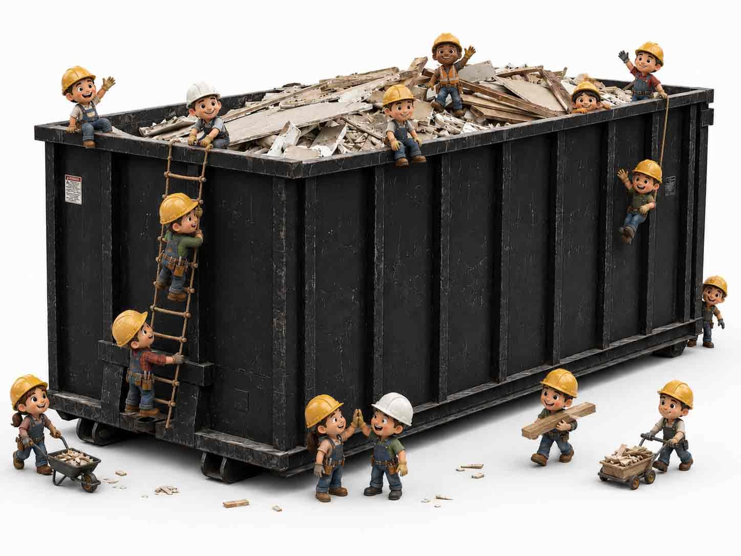 3D illustration of a black bin rental filled with wood debris, with tiny construction workers loading and carrying wood around the bin.