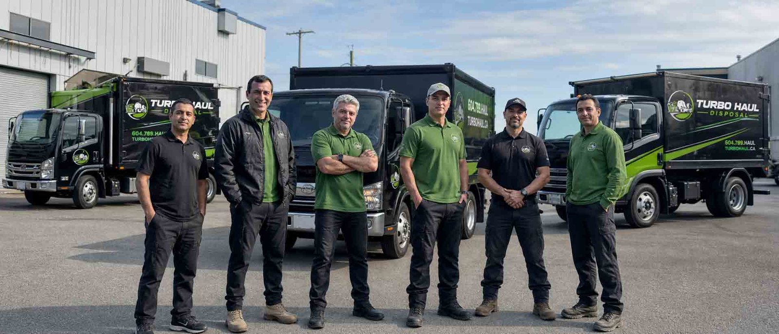 Turbo Haul Disposal team standing in front of branded junk removal trucks