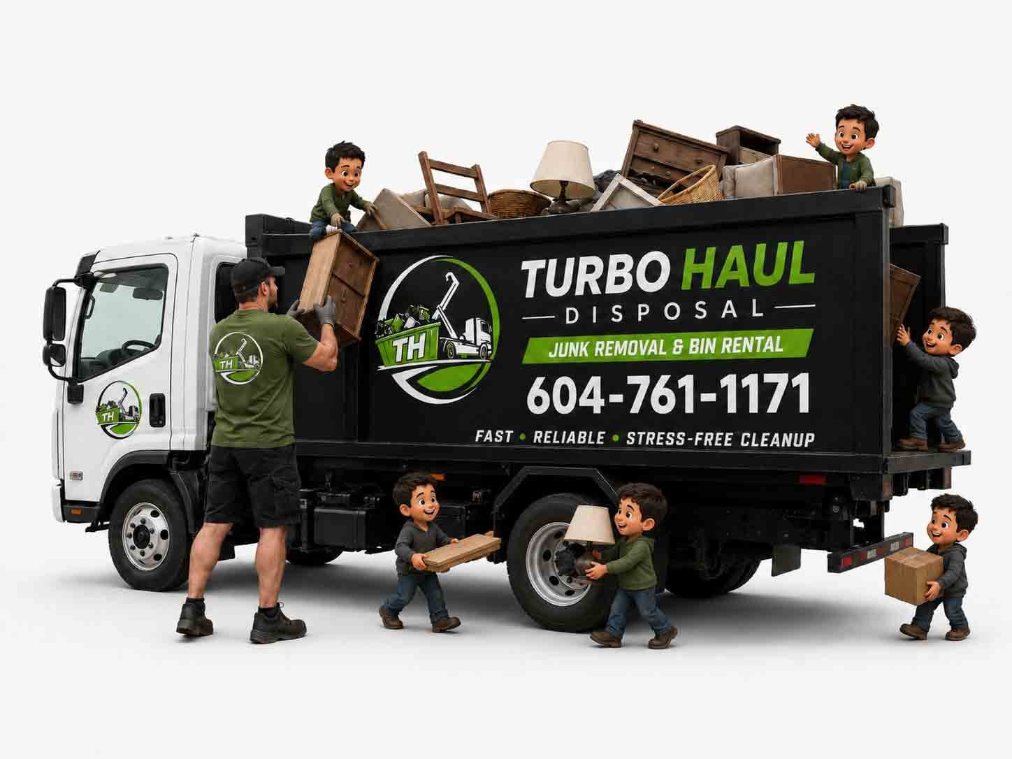 Turbo Haul Disposal team loading household junk into a branded junk removal truck