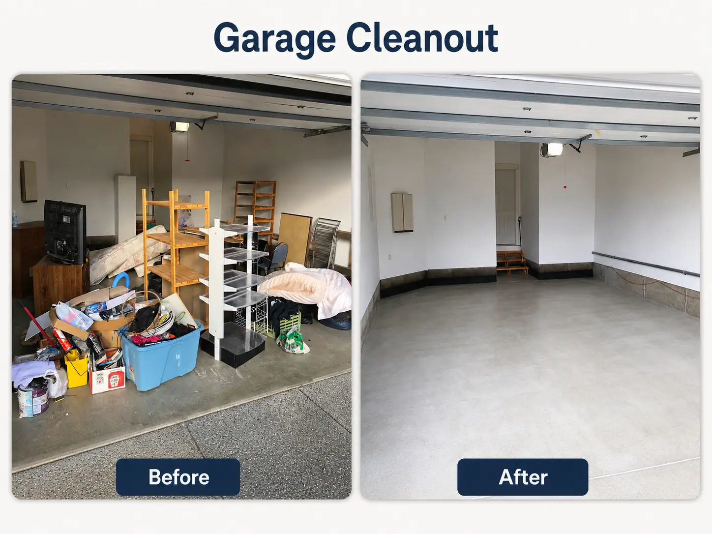 Before-and-after view of a residential garage cleanout with shelving, furniture, and household junk removed