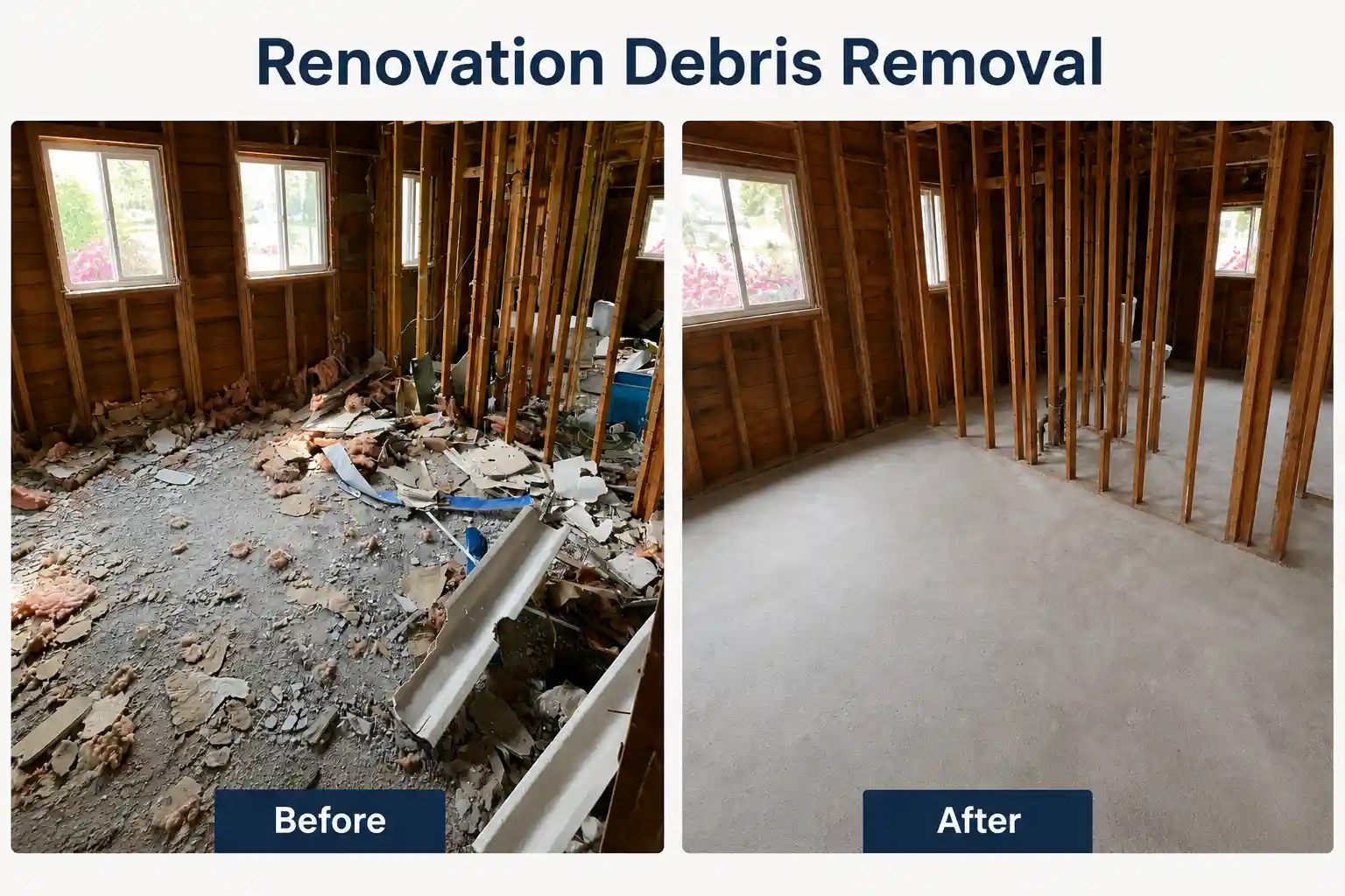 Before and after renovation debris removal in a stripped interior room, showing a debris-filled space before cleanout and a clean, cleared room after removal.