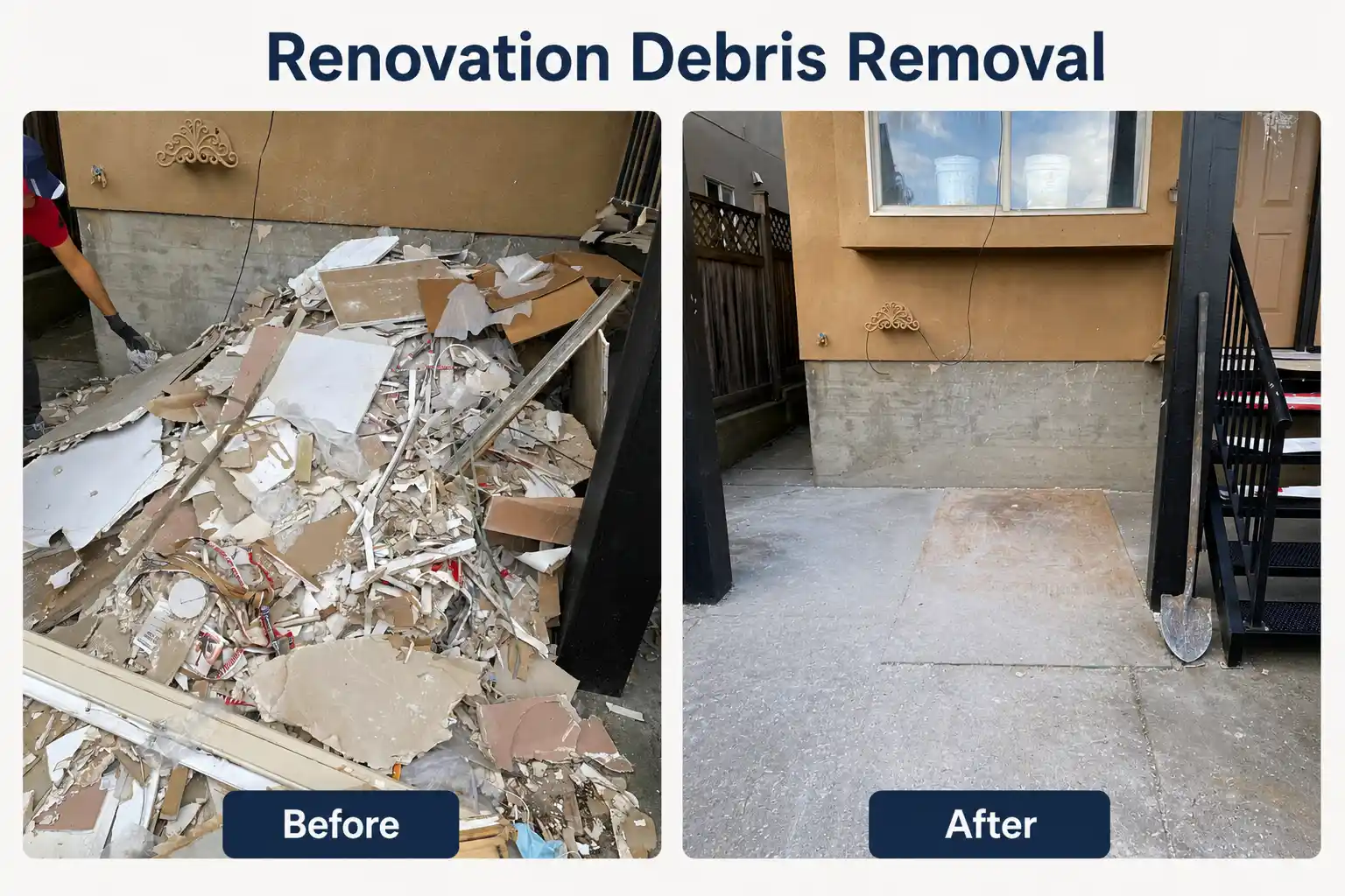 Before and after renovation debris removal in an outdoor entryway area, showing a pile of demolition debris before debris removal and a clear concrete space after removal.