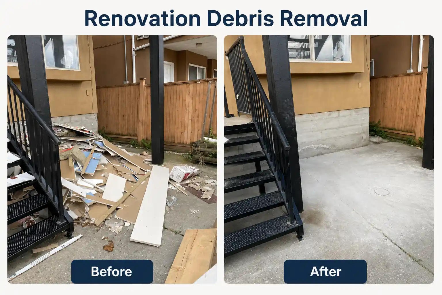 Before and after renovation debris removal beside an exterior stair area, showing scattered renovation debris before debris removal and a cleared concrete surface after removal.