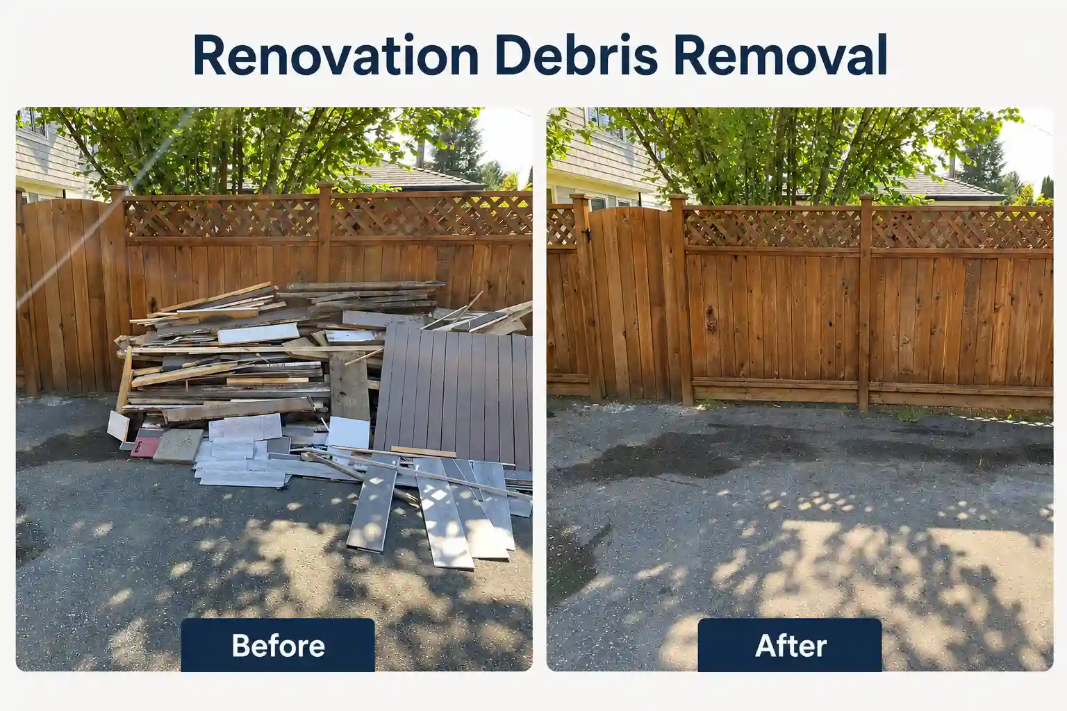 Before and after renovation debris removal showing a pile of wood and construction material beside a fence, followed by the same area fully cleared.