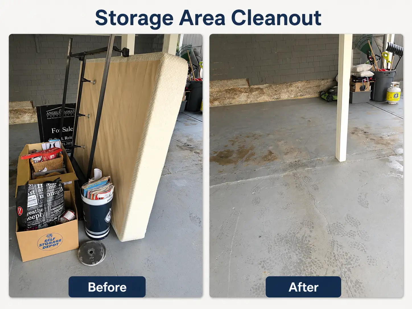 Before-and-after view of a storage area cleanout with a mattress, boxes, and household items removed