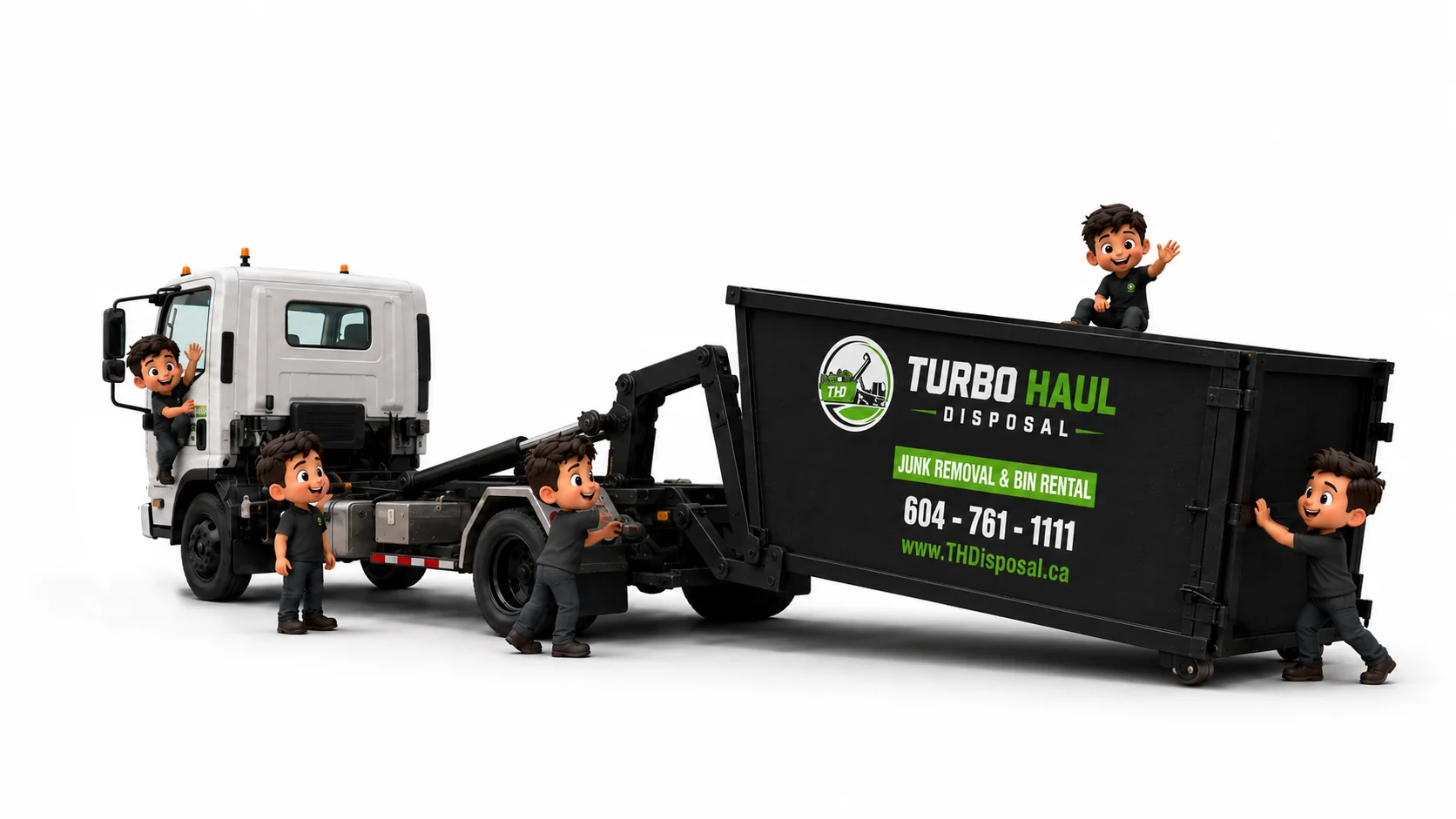 Turbo Haul Disposal bin rental illustration with mini crew characters