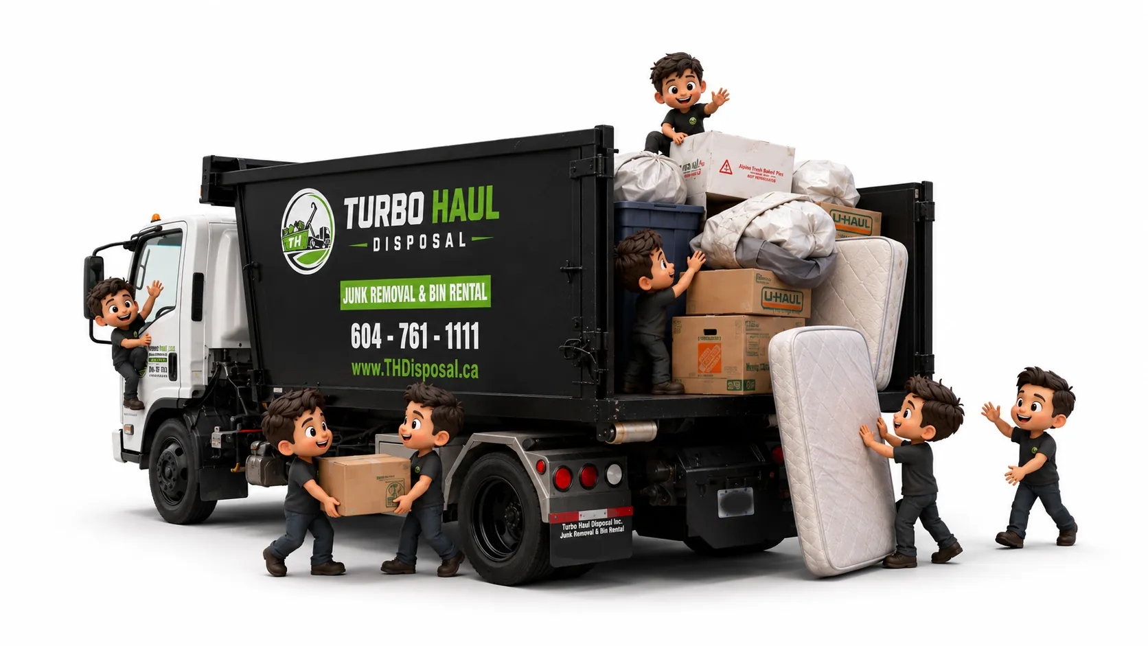 Turbo Haul Disposal truck with mini crew characters loading junk and household items