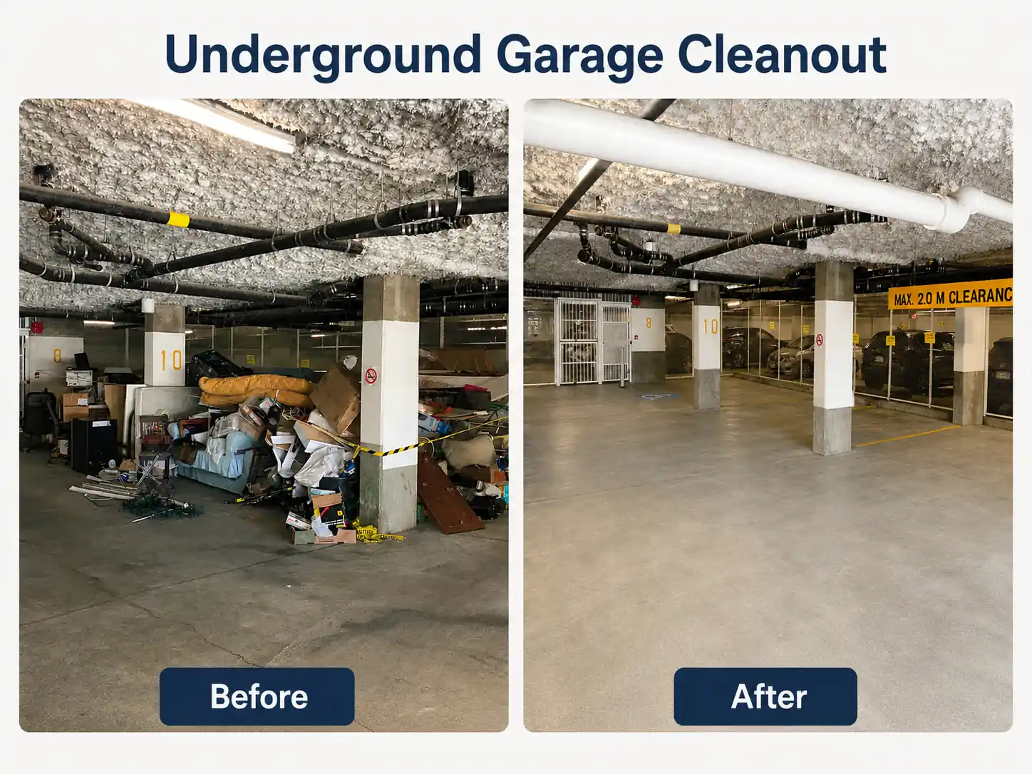 Before-and-after view of an underground garage cleanout with furniture, boxes, and mixed junk removed
