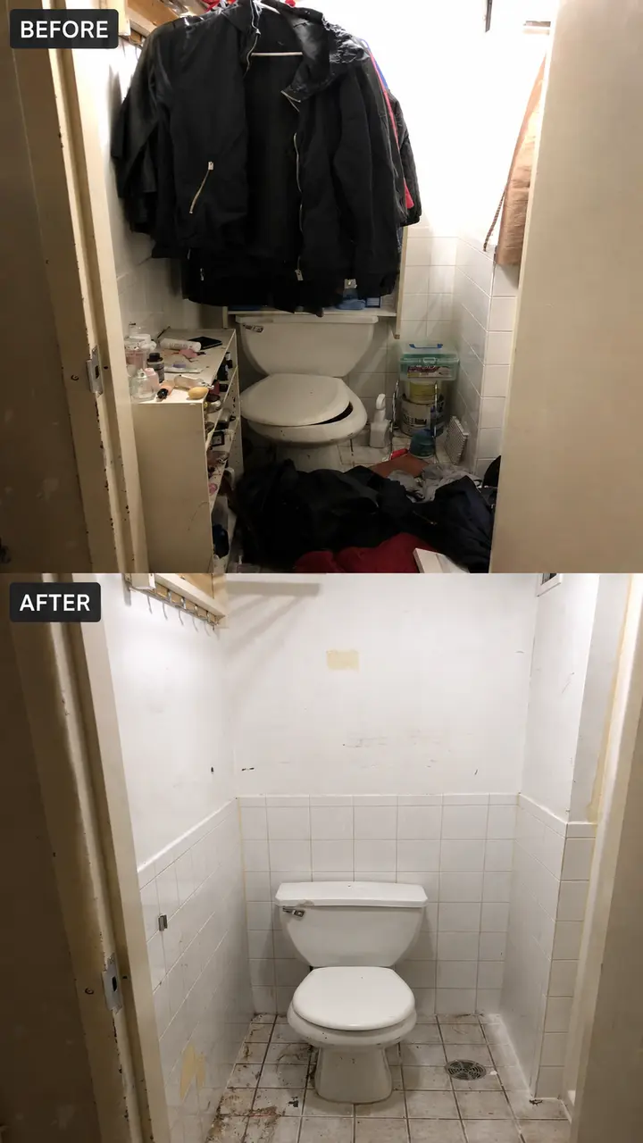 Before and after bathroom cleanout with unwanted items removed