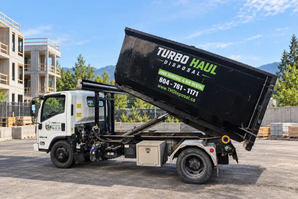 Turbo Haul hook-lift truck with a contractor rental bin at a construction site