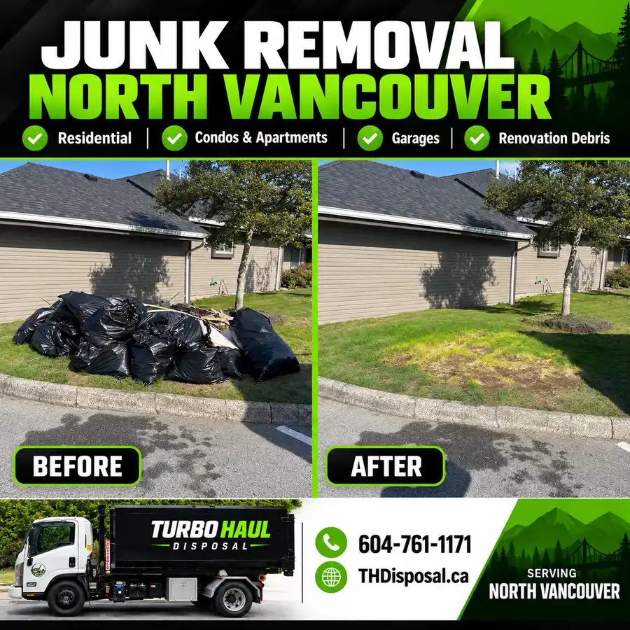 North Vancouver Junk Removal, Before and after comparison of black garbage bags removed from a residential lawn, leaving the area clear