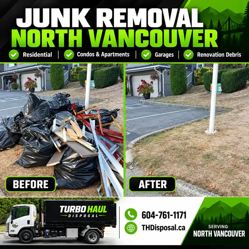 Before and after comparison of renovation debris, wood pieces, metal scraps and garbage bags cleared from a residential curbside area.